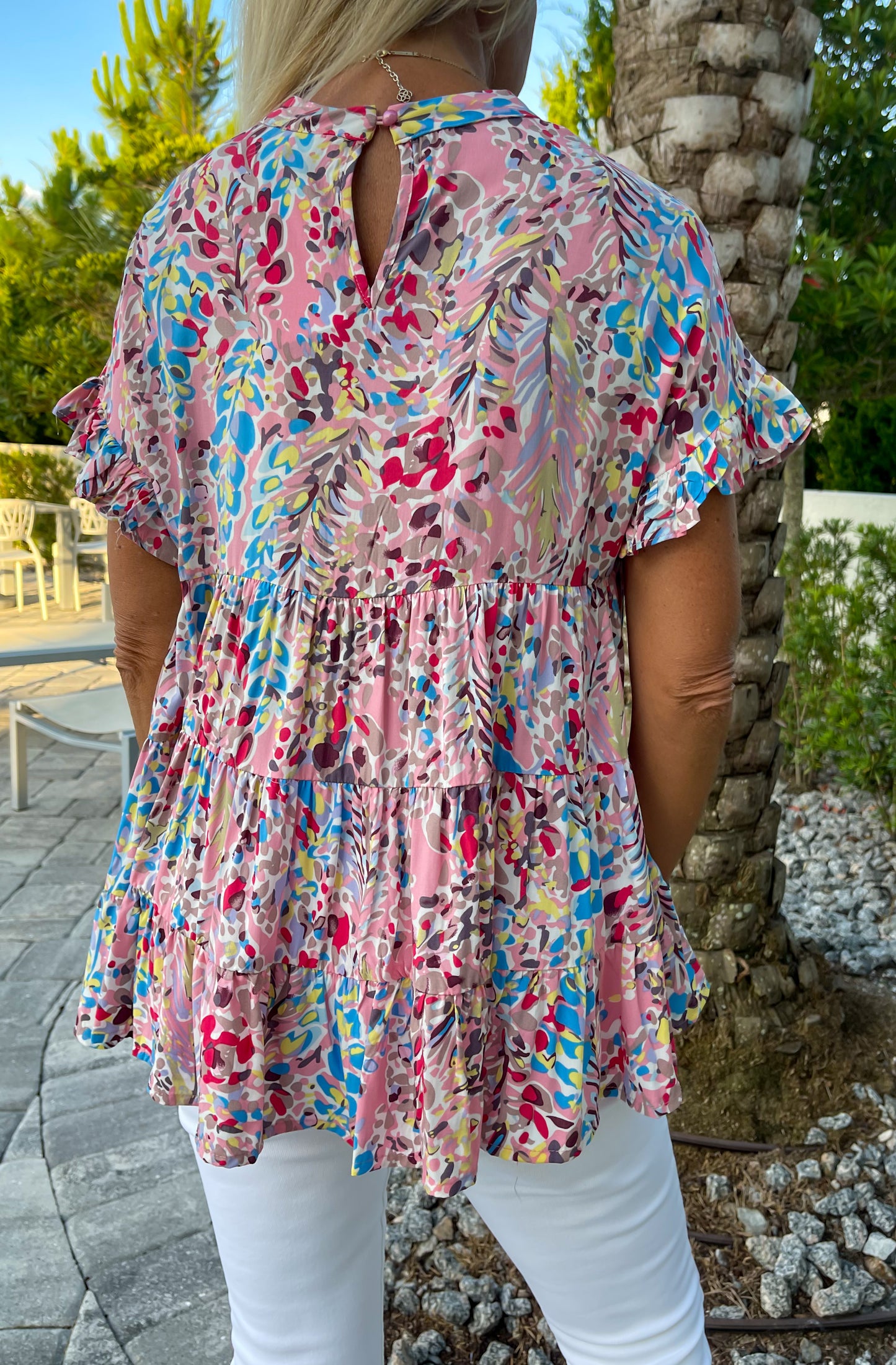 Pink Print Ruffle Sleeve Babydoll Top