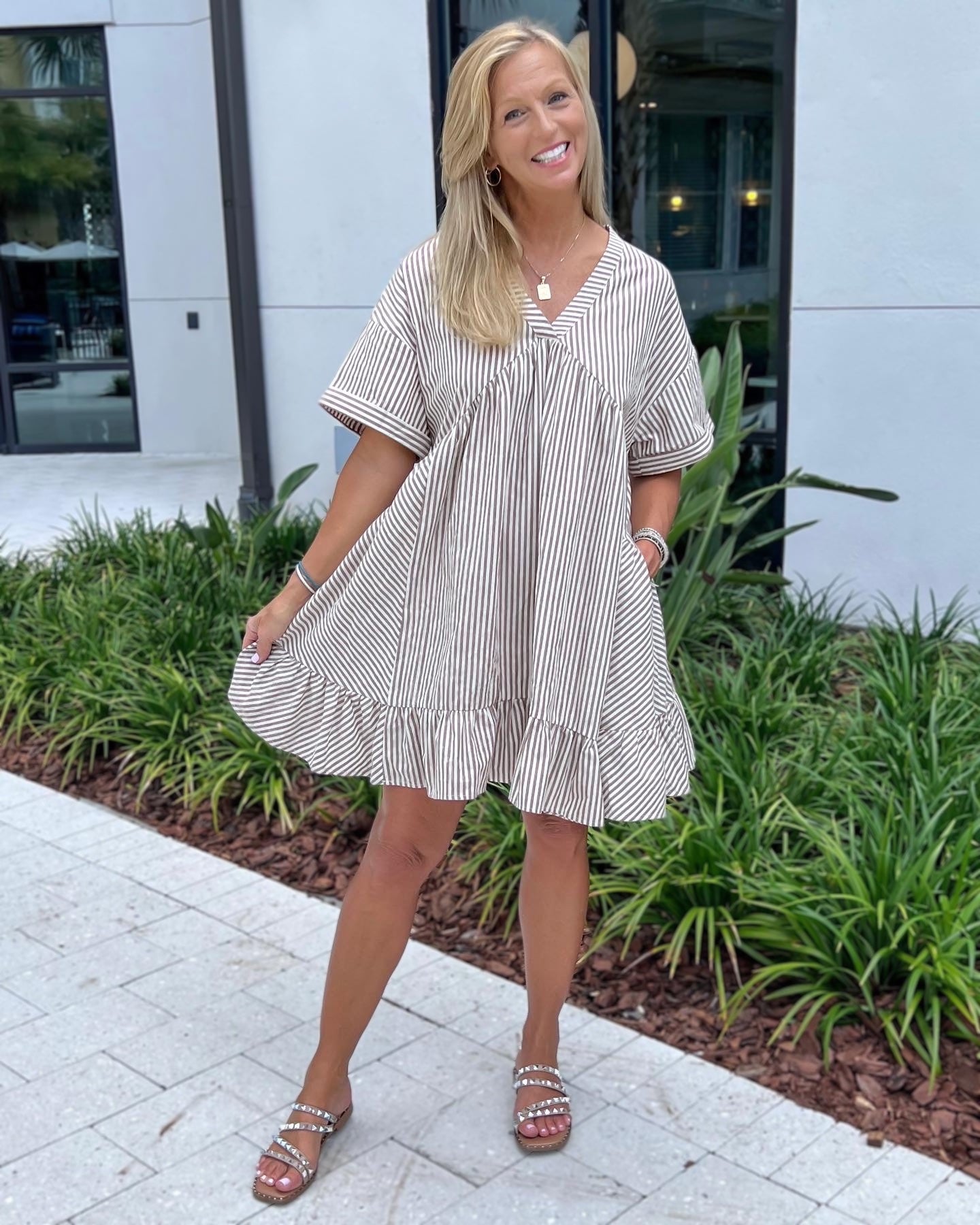 Stripe Boho Dress - Taupe
