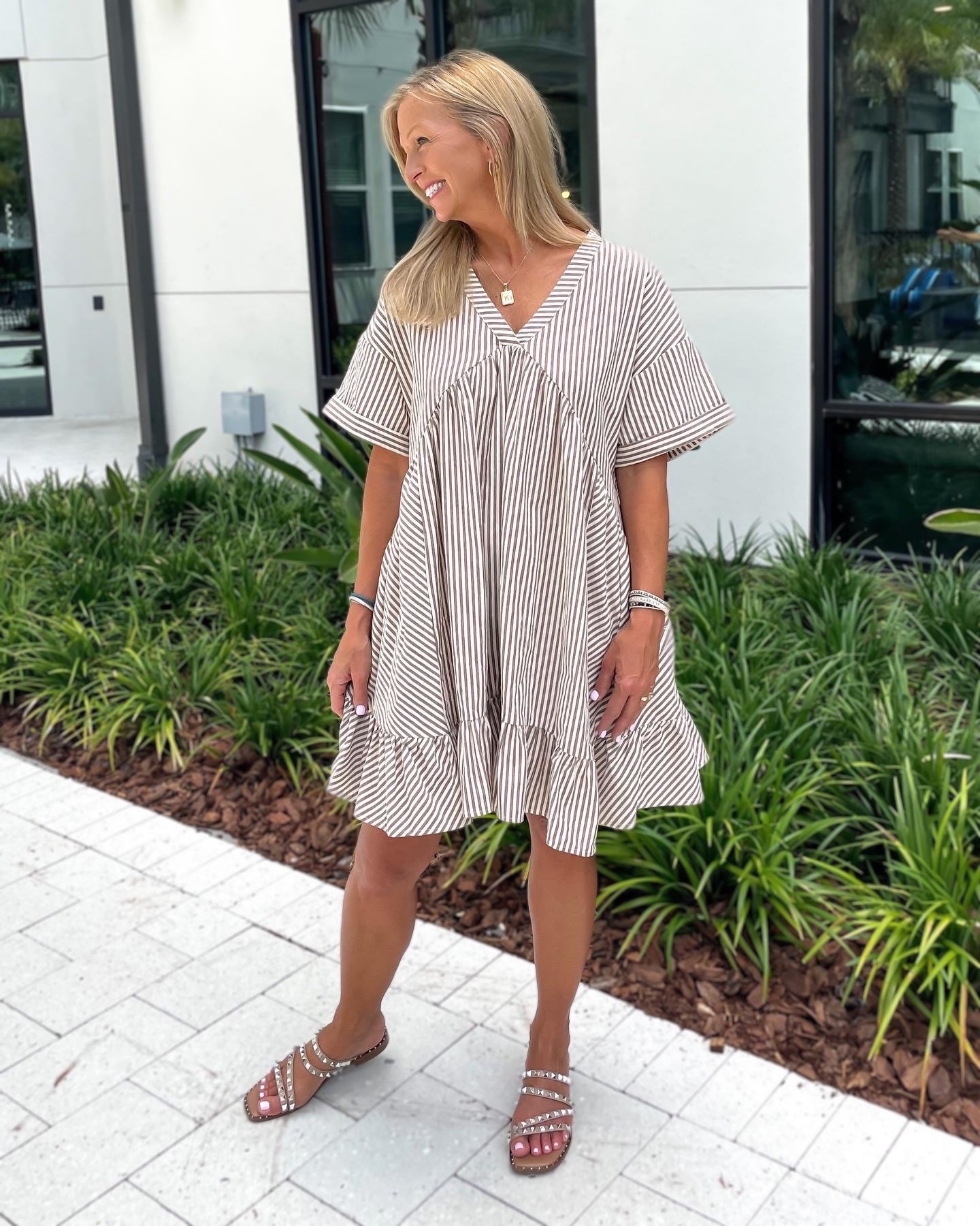 Stripe Boho Dress - Taupe