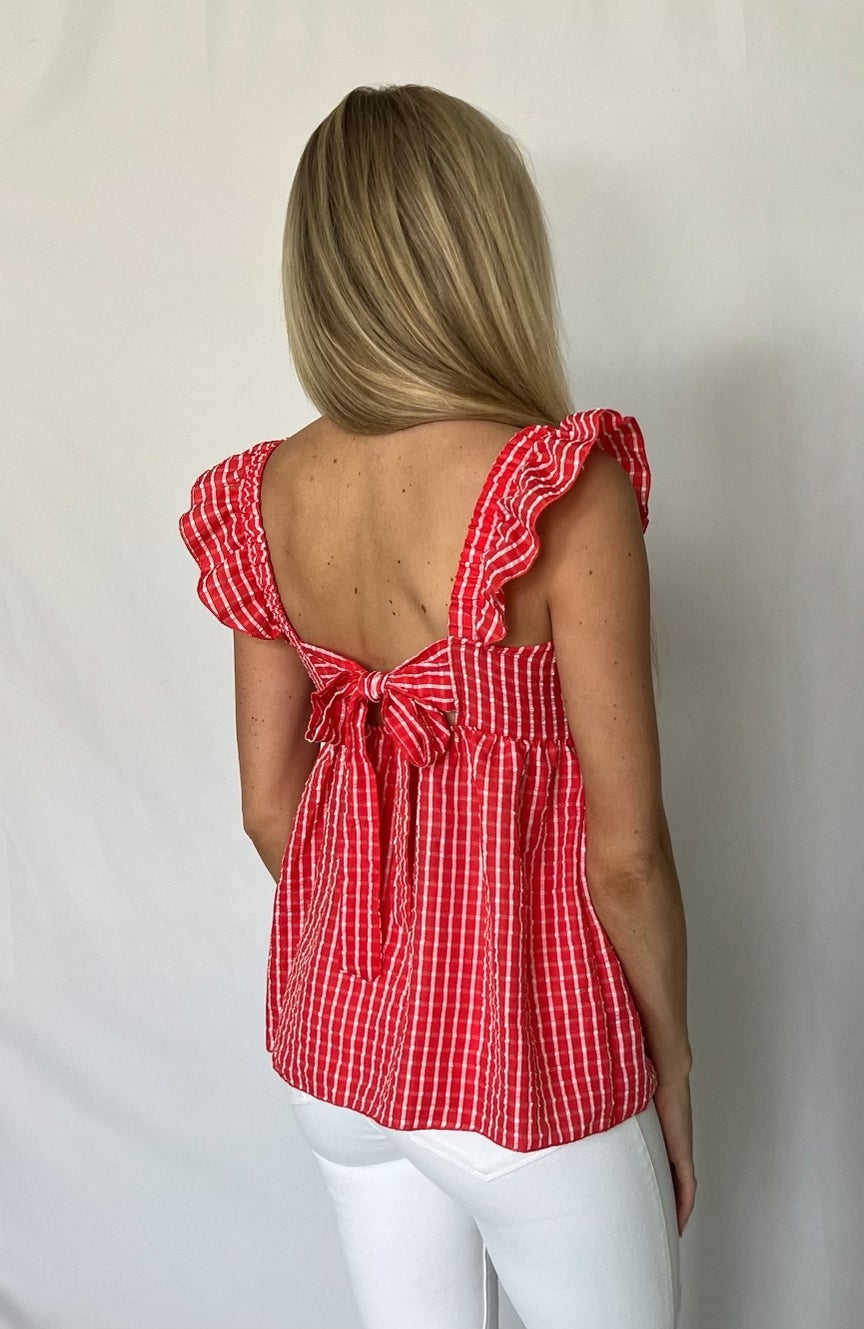 Red Plaid Tie Back Top