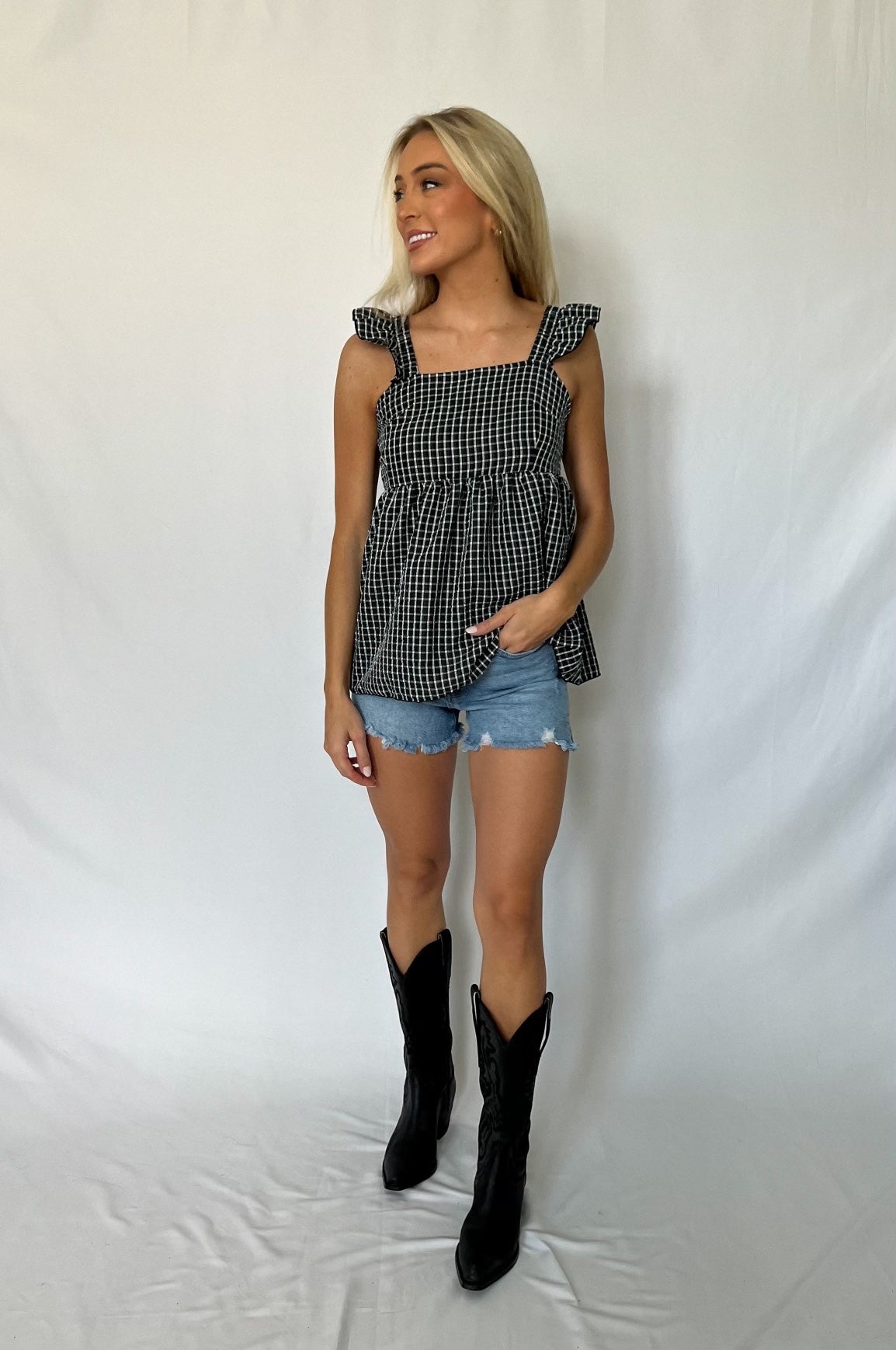 Black Plaid Tie Back Top