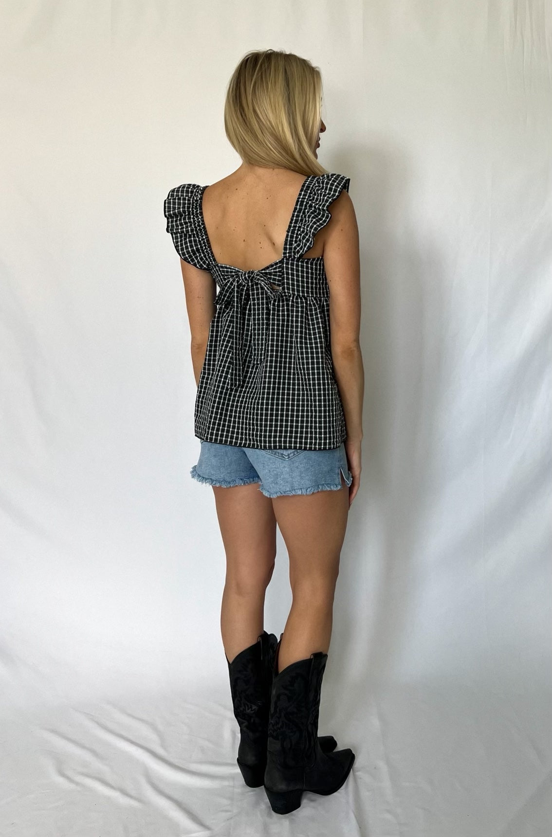 Black Plaid Tie Back Top