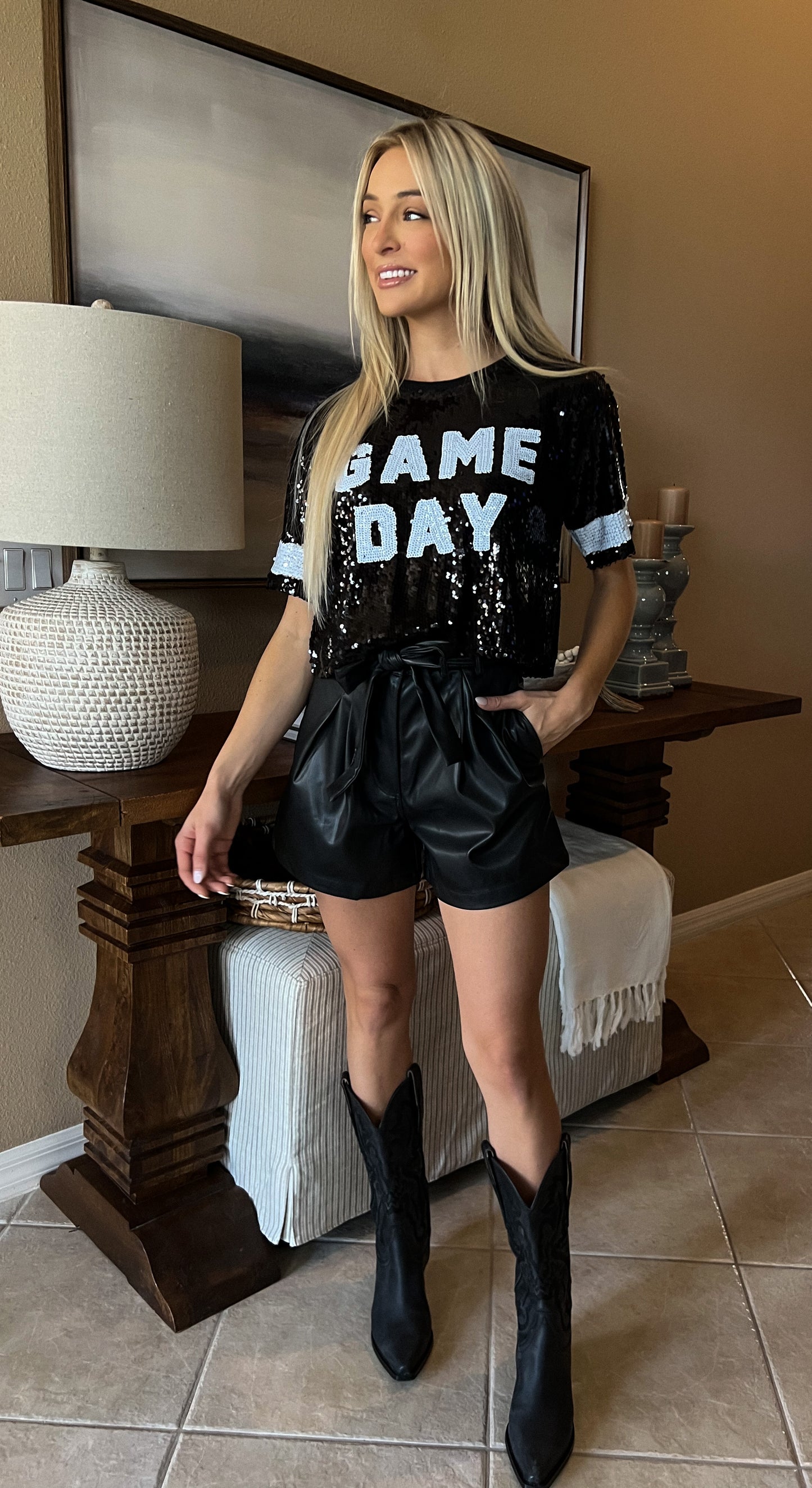 Black Sequin Game Day Top