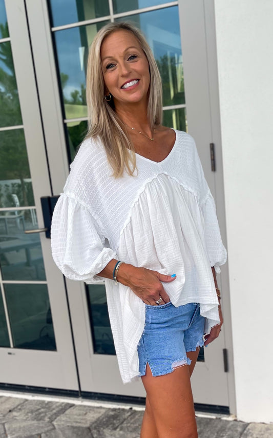 Textured Babydoll Top - White