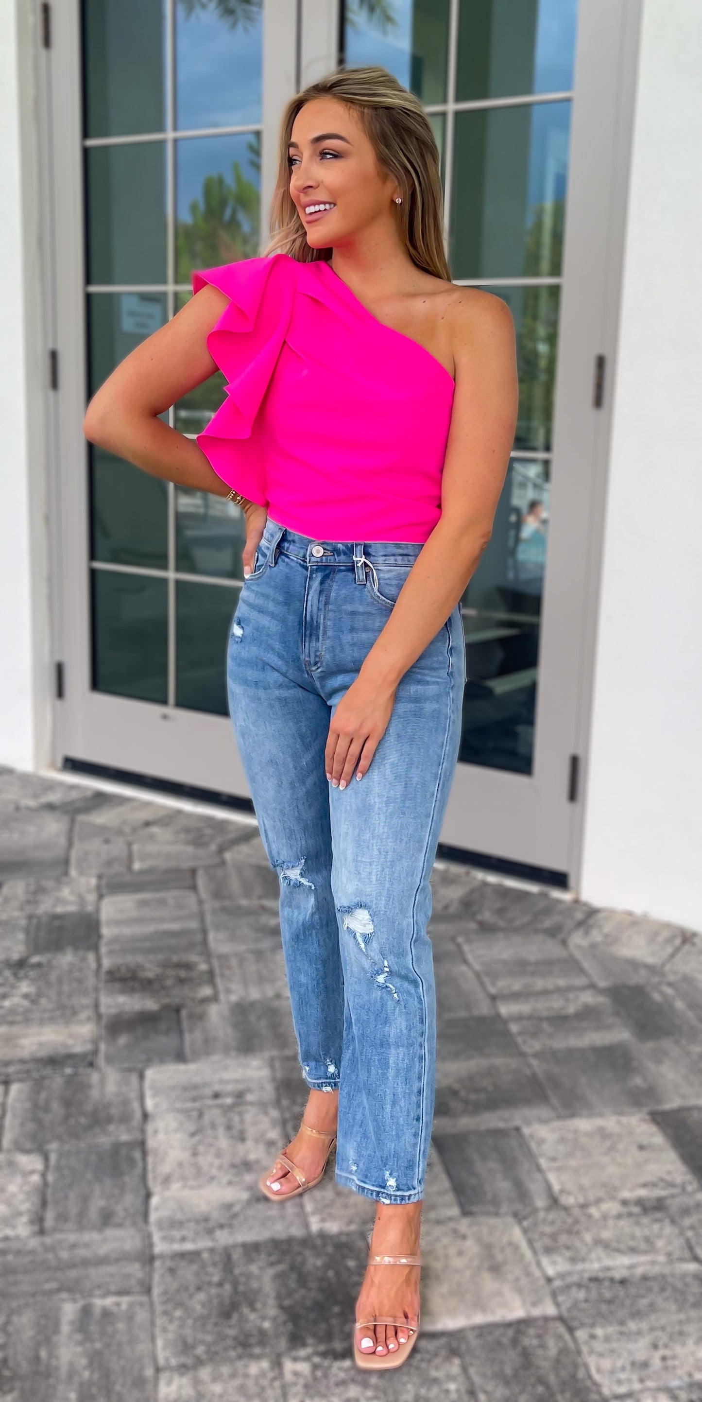 Pleated One-Shoulder Top - Hot Pink