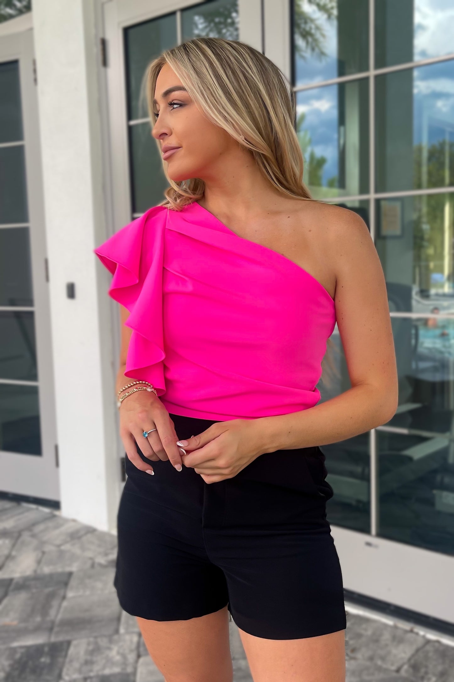 Pleated One-Shoulder Top - Hot Pink