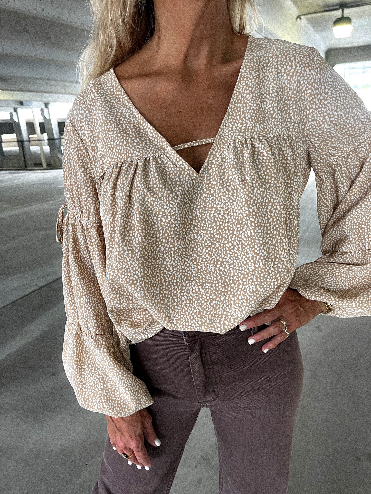 Taupe and White Printed Top
