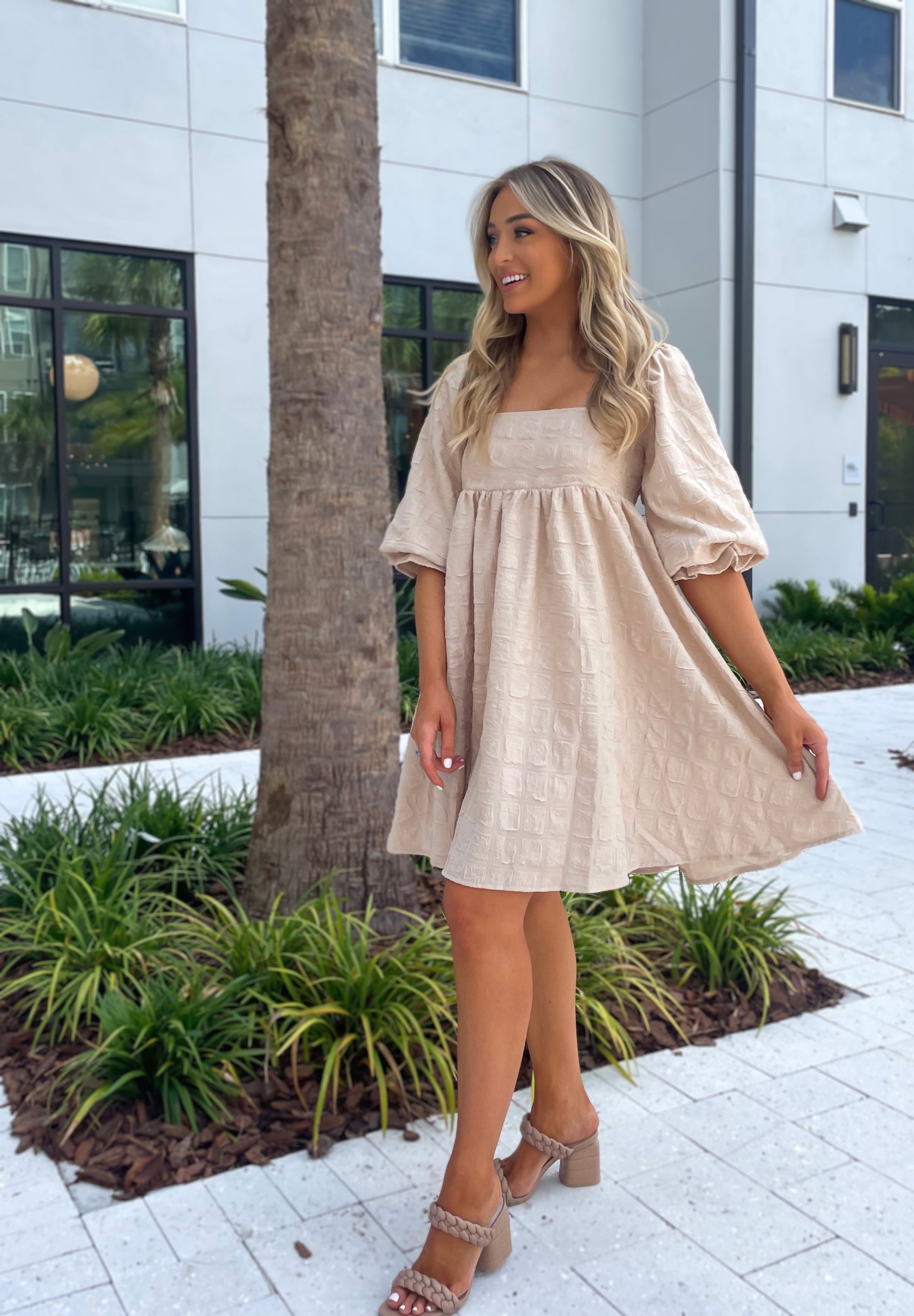 beige babydoll dress Dream All Day Babydoll Dress In Taupe