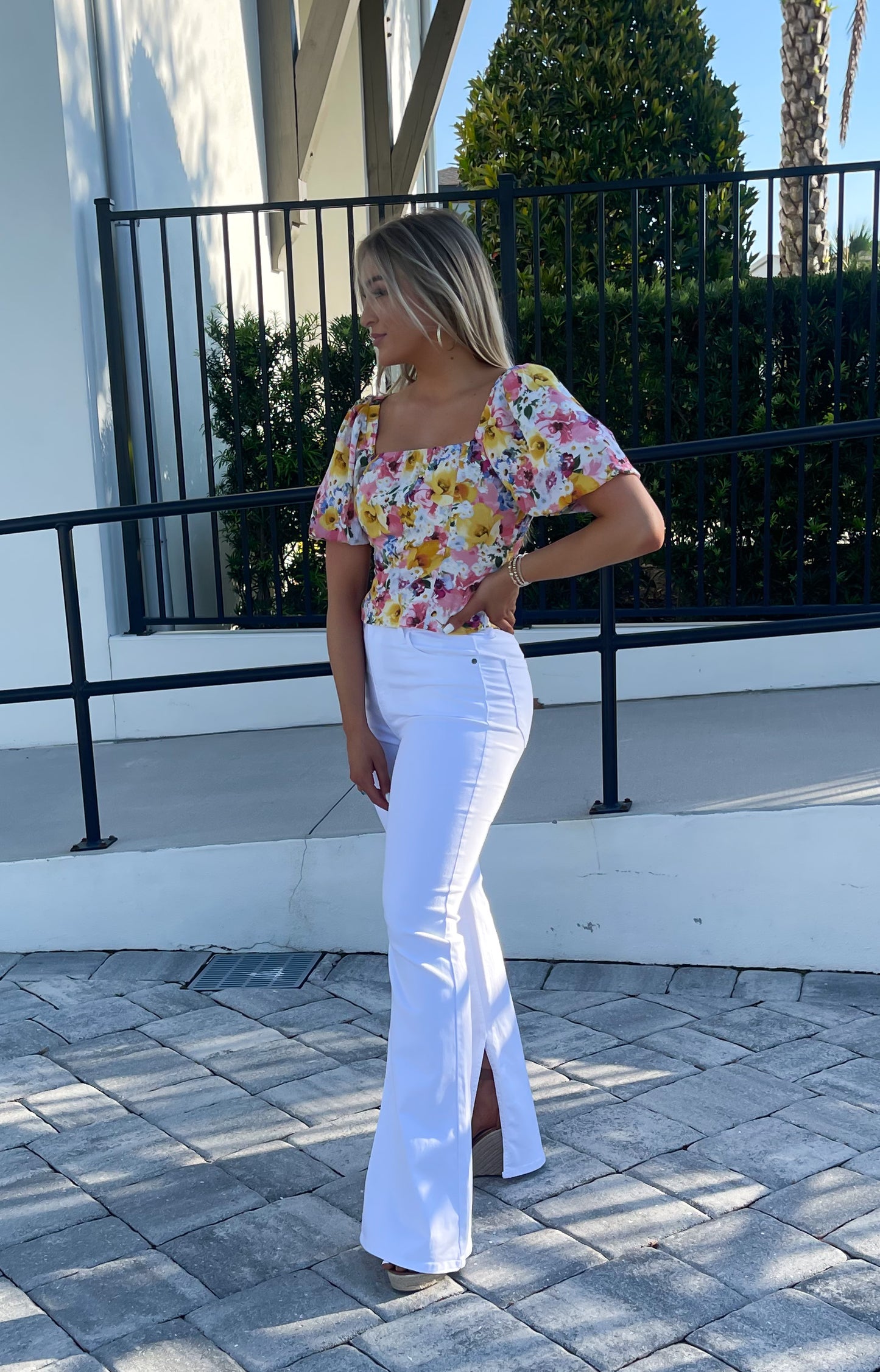 Sarasota Split Hem White Flare Jeans by CELLO